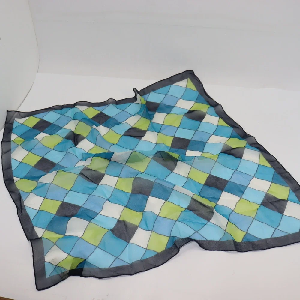 Casual Corner Silk Scarf 20x21 Blue Green Womens Geometric Sheer Italy